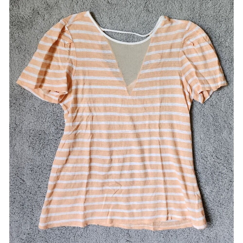 Ella Moss Women's Short Sleeve Top Mech V Neck Orange White Striped Linen Size M